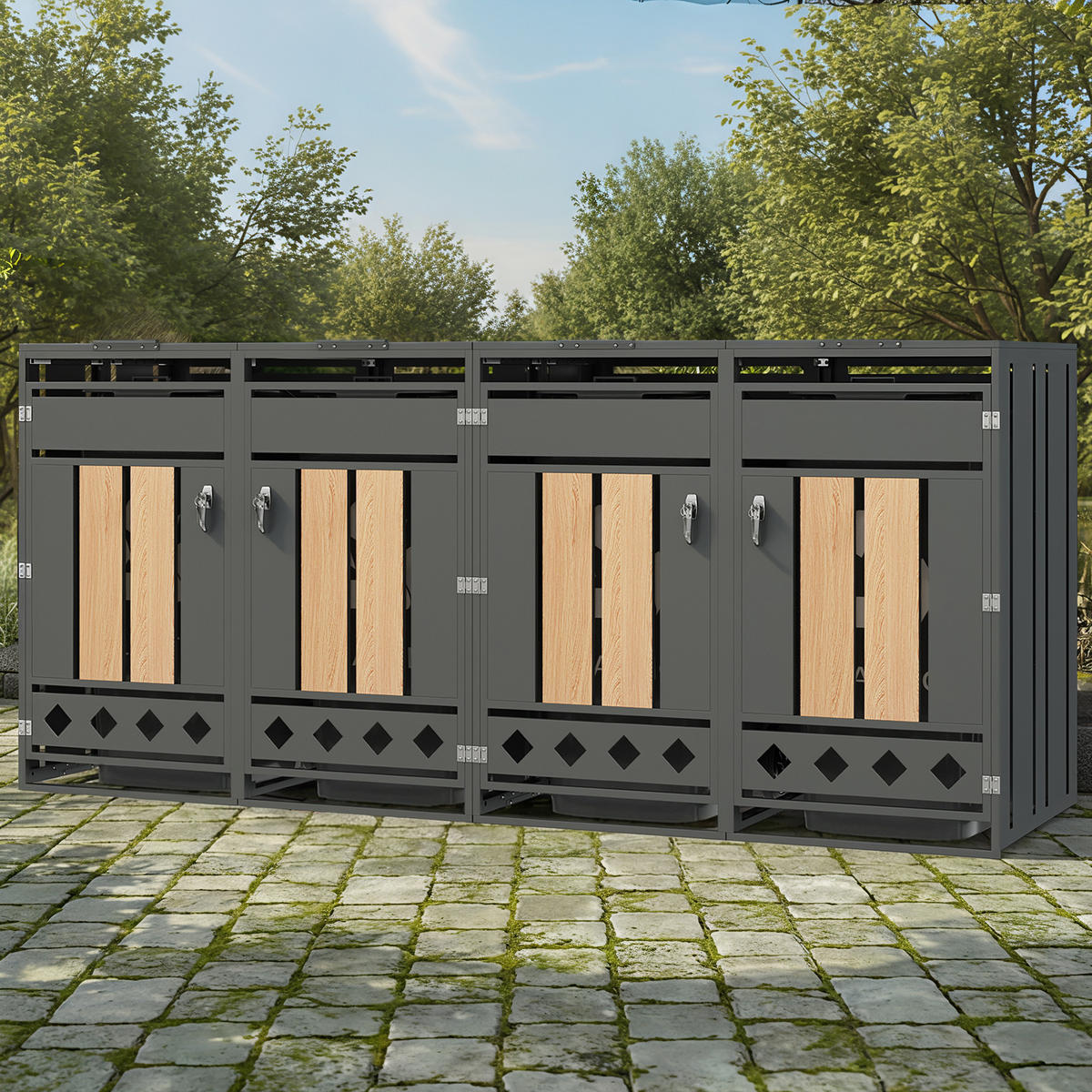 MÜLLTONNENBOX Klappdeckel 4 Türen Holzoptik vertikal - Grau, Metall (132/118.5/80cm) - LEBENLANG