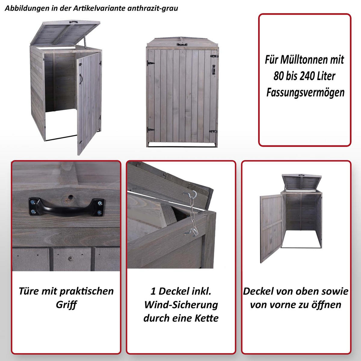 1ER-/2ER-MÜLLTONNENVERKLEIDUNG Anthrazit, Grau - Anthrazit/Grau, Holz (79/126/98cm) - MCW