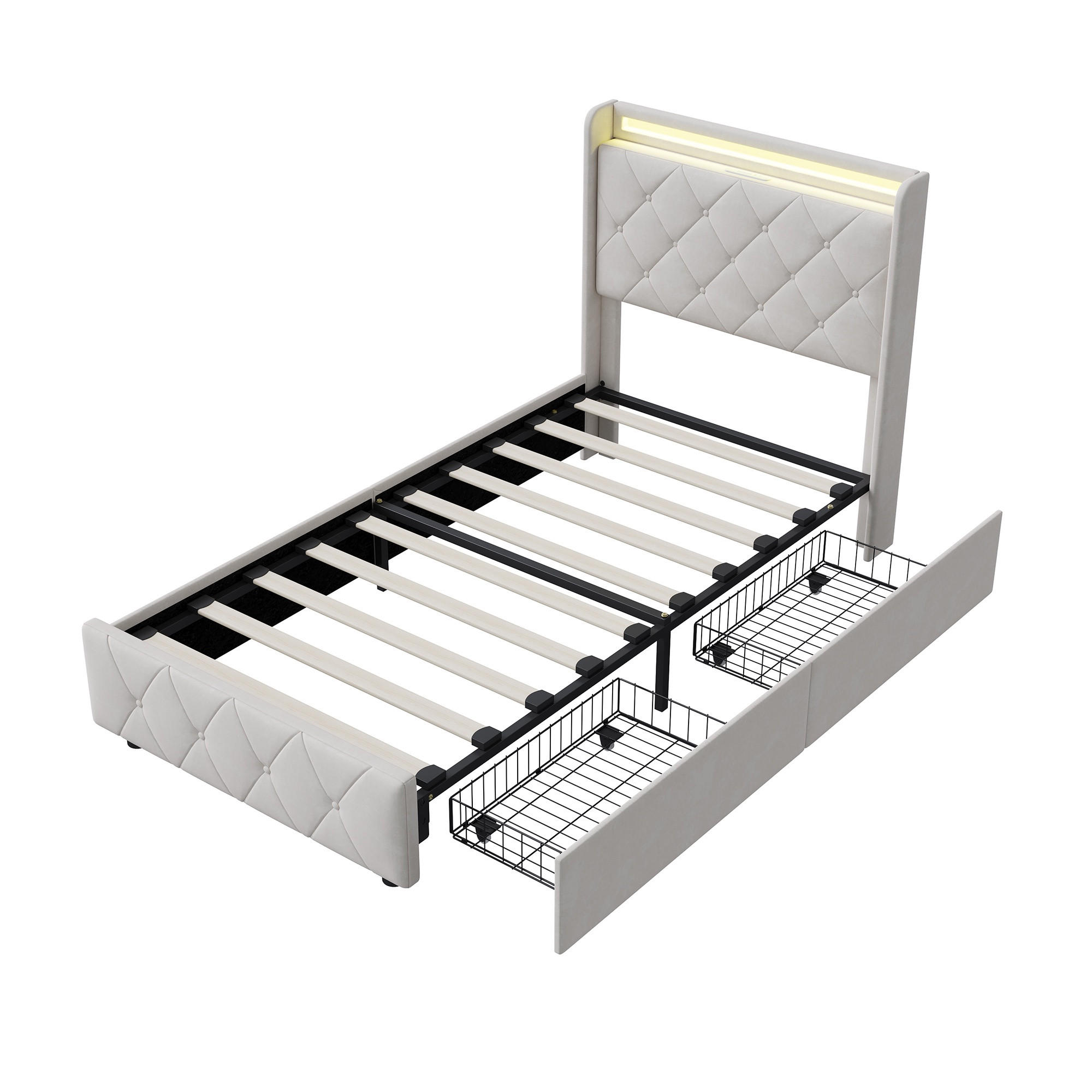 POLSTERBETT 90x200 cm mit LED und USB-Anschluss, 2 Schubladen de Stauraum, Bettgestell aus Leinen, Inklusive Lattenrost - Beige - Beige, Holzwerkstoff (90/200cm) - Brevoria