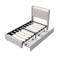 POLSTERBETT 90x200 cm mit LED und USB-Anschluss, 2 Schubladen de Stauraum, Bettgestell aus Leinen, Inklusive Lattenrost - Beige - Beige, Holzwerkstoff (90/200cm) - Brevoria