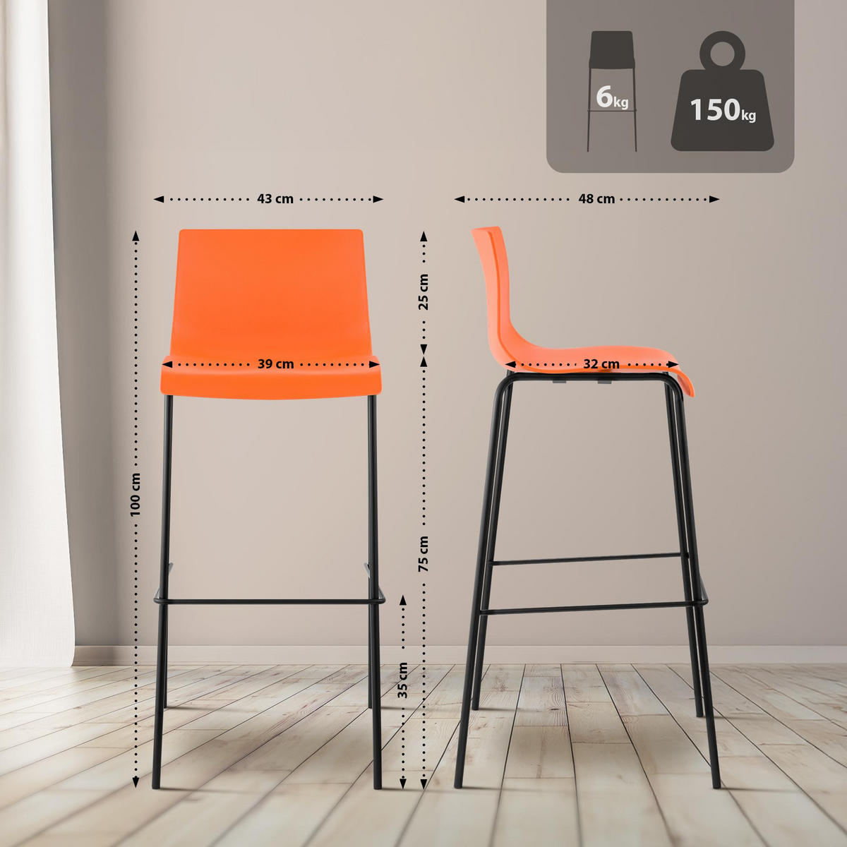 BARHOCKER Kunststoff Orange - Schwarz/Orange, Kunststoff/Metall (43/100/48cm) - CLP