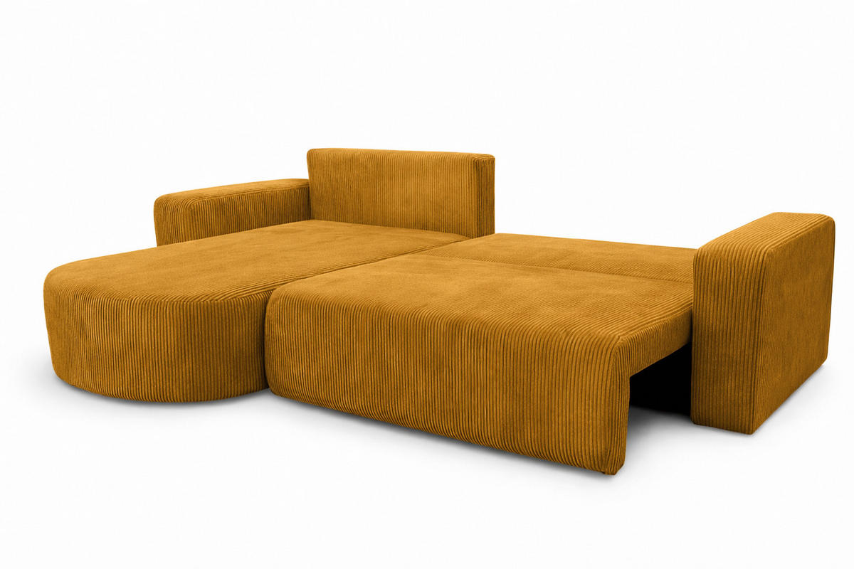 ECKSOFA Mit Schlaffunktion, Cordstoff Poso, Senffarbe, Links, ROUND ONE XL - Gelb, Holz (271/175cm) - Kaiser Möbel