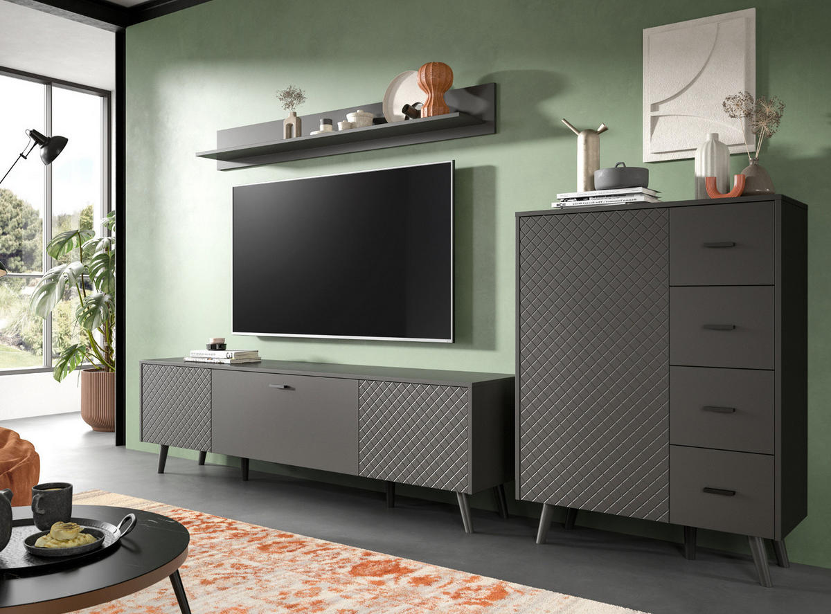 KOMMODE grau matt 84 x 114 cm, HIGHBOARD mit Struktur - Schwarz/Grau, Holzwerkstoff/Metall (84/114/37cm) - Inn.Furn