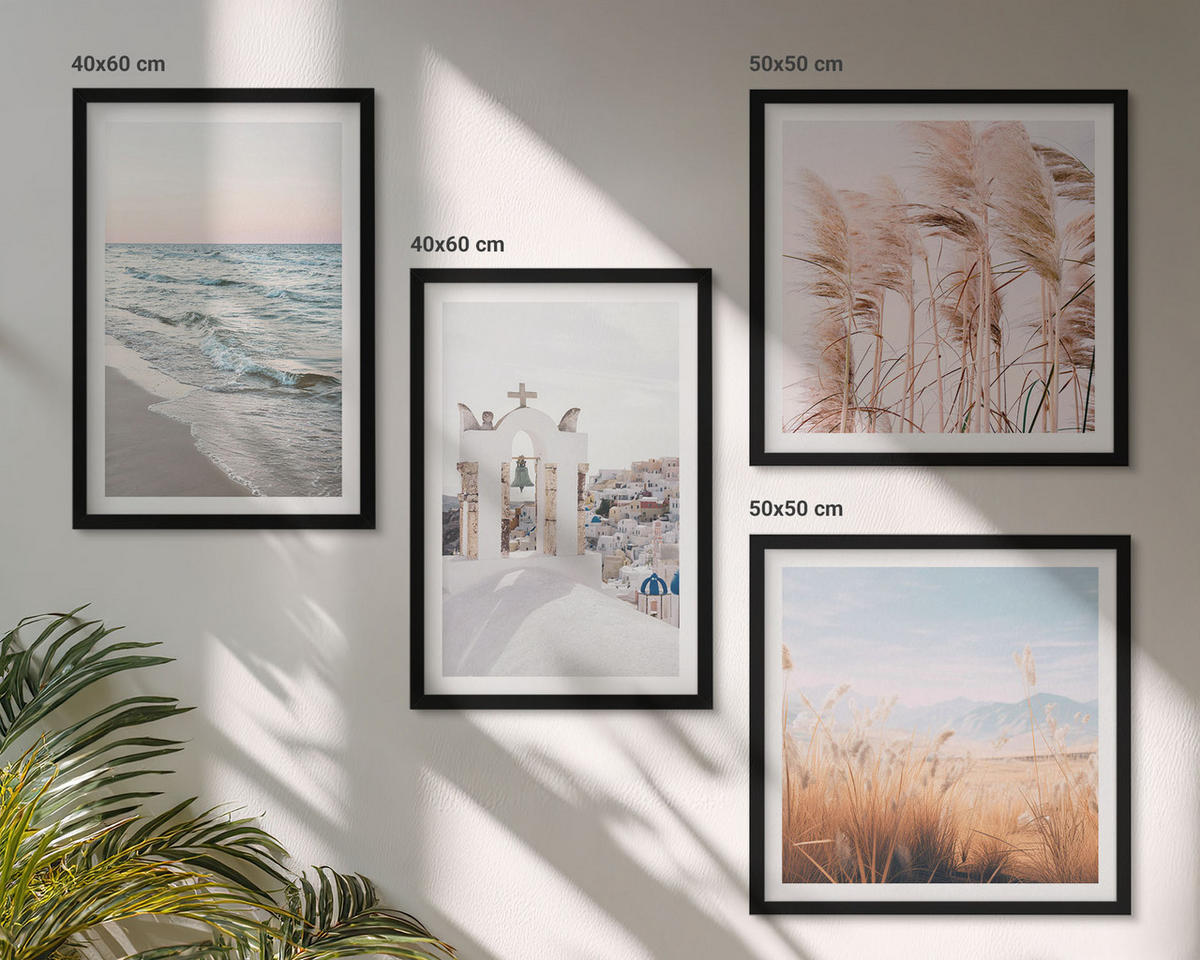 BILDER SET 4er Set - 50x50 cm & 40x60 cm Schwarzer Rahmen - Pflanzen, Meereswellen, Aussicht, Häuser - Schwarz, Kunststoff (50/50cm) - TULUP
