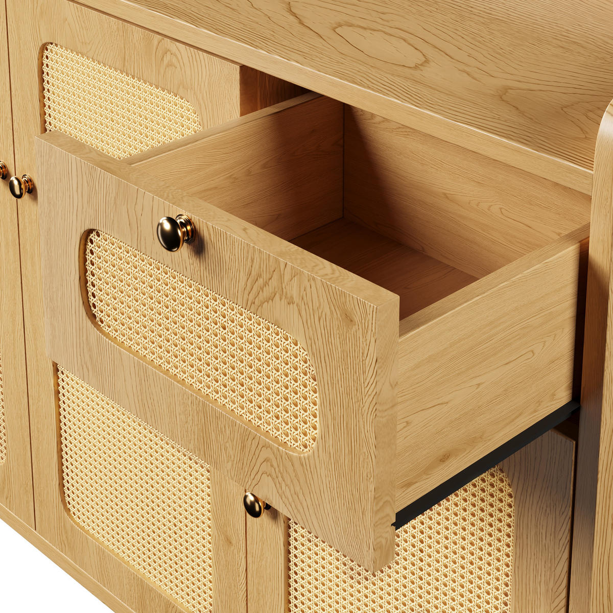 SIDEBOARD 120/40/91 cm mit Rattanfront, 3 Türen, Schublade und Soft-Close in Eichenoptik - Eichefarben/Goldfarben, Holzwerkstoff (120/91/40cm) - CHICFURN