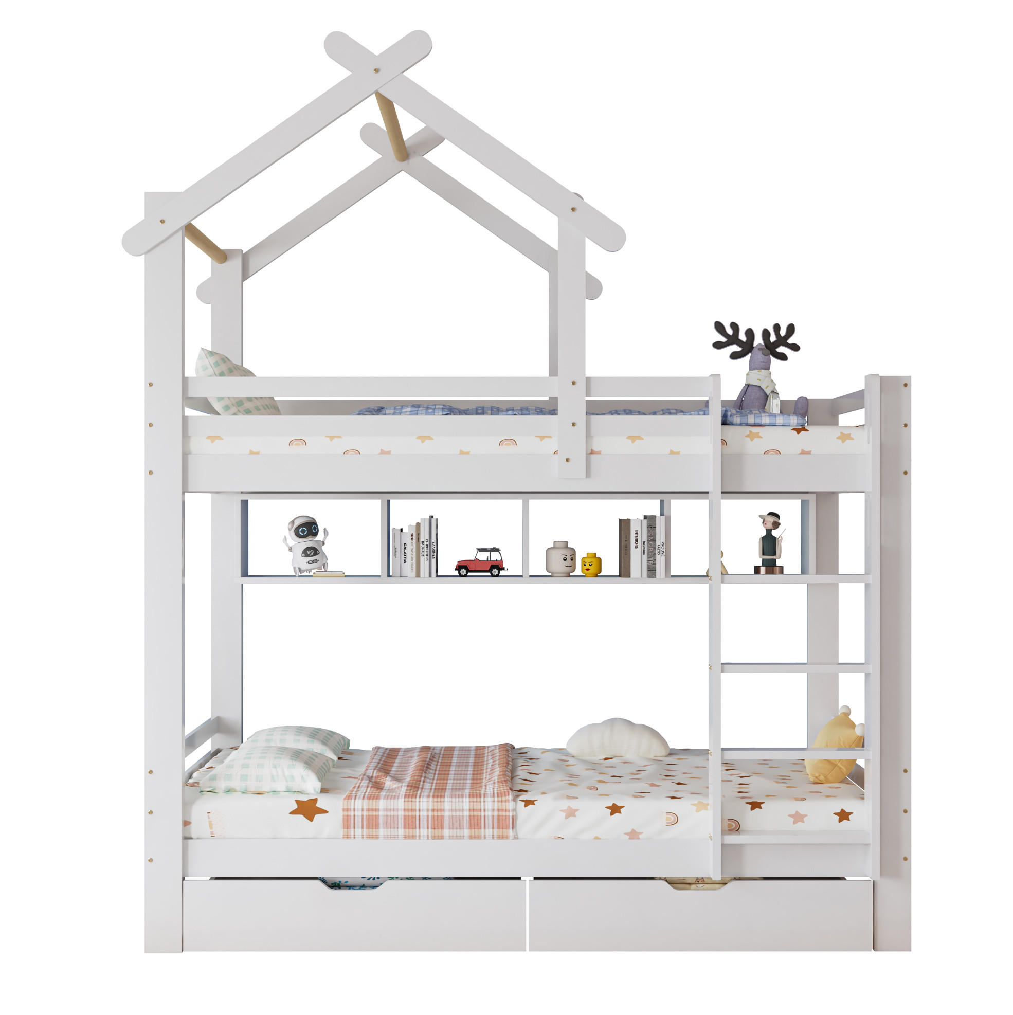 ETAGENBETT 90/200 cm, Weiß mit Schubladen und Regalen - Weiß, Holz (90/200cm) - MIVRAY