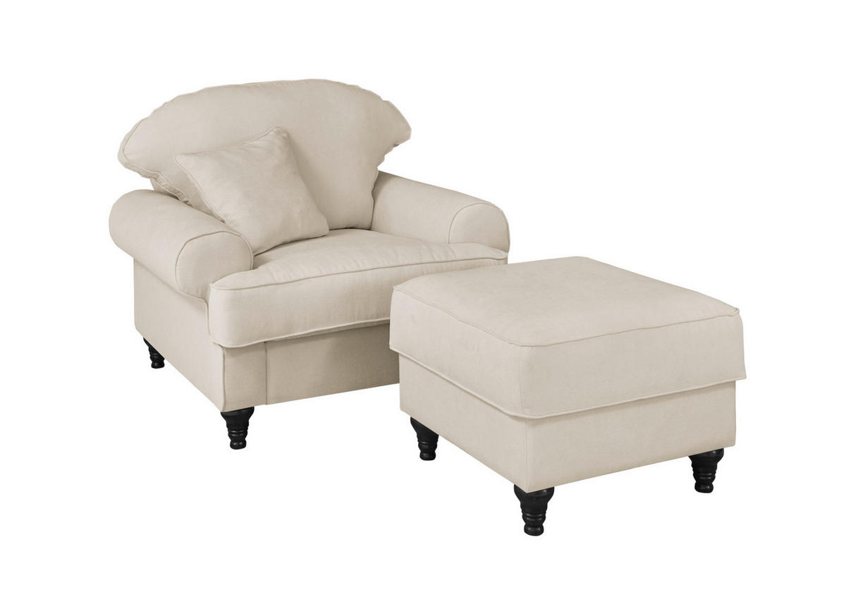 SESSEL-SET beige Landhaus, Loungesessel inklusive Hocker - Beige/Braun, Holz/Textil (175/95/110cm) - Furn.Design