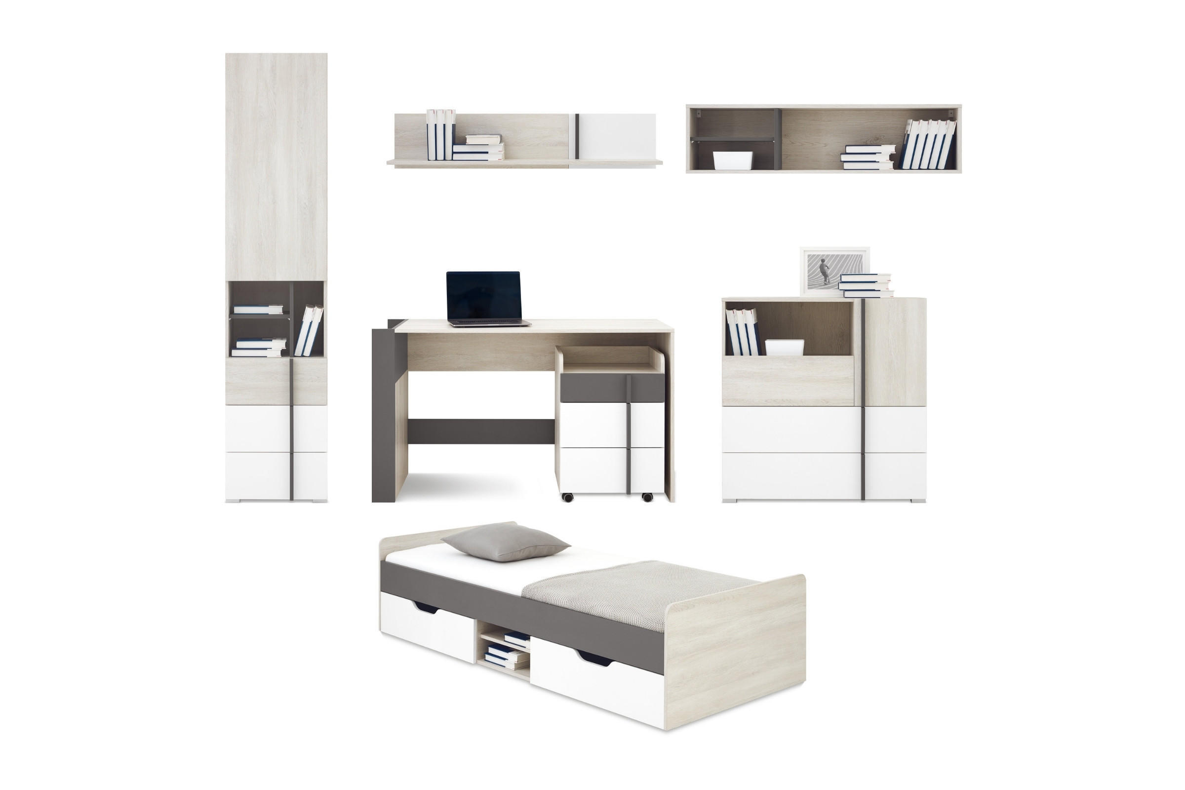 JUGENDZIMMER-SET REMI B 7-teilig in Eichenweiß / Weiß Matt / Anthrazit - Eichefarben/Anthrazit, Holzwerkstoff (359/195/204cm) - Deine Möbel 24