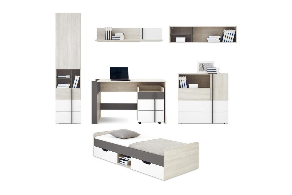 JUGENDZIMMER-SET REMI B 7-teilig in Eichenweiß / Weiß Matt / Anthrazit - Eichefarben/Anthrazit, Holzwerkstoff (359/195/204cm) - Deine Möbel 24