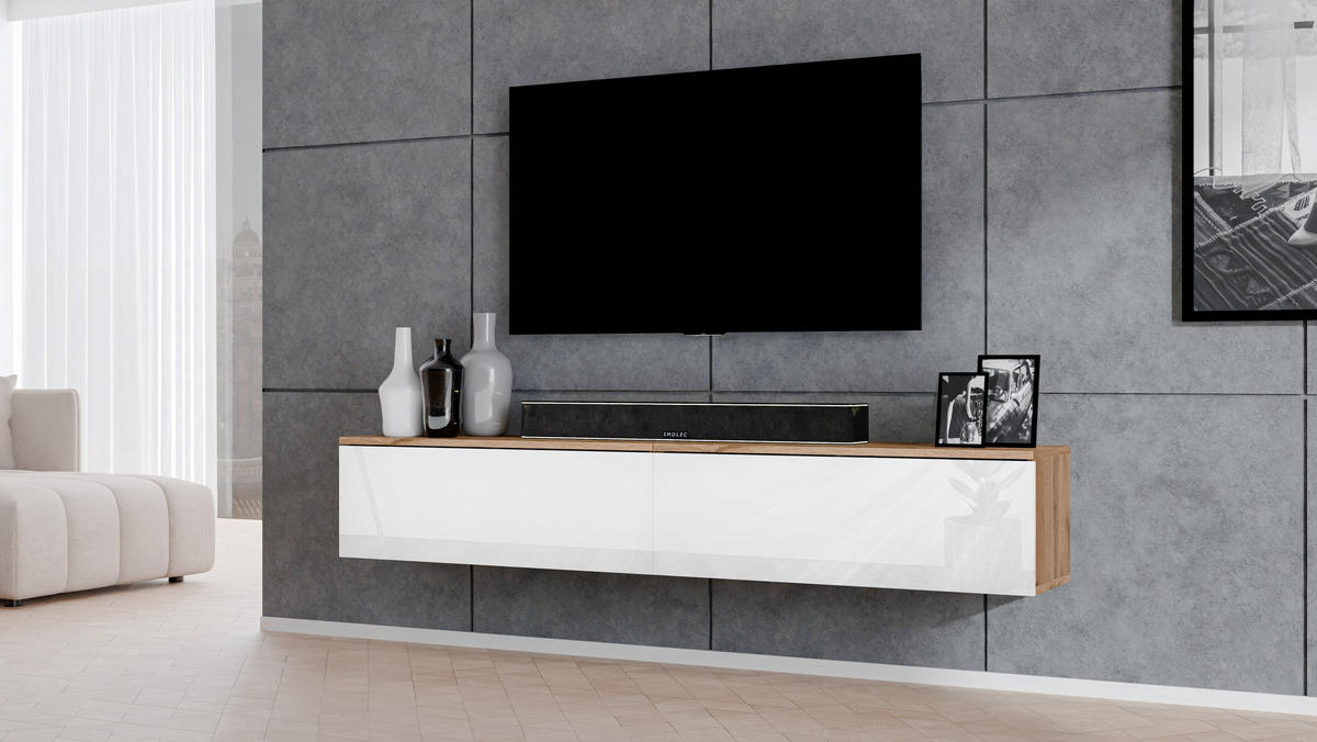LOWBOARD Loriano 2x100 Eiche Wotan, Weiß Hochglanz 200/34/32 cm – TV Bank - Braun/Weiß, Holzwerkstoff/Kunststoff (200/34/32cm) - AX Living