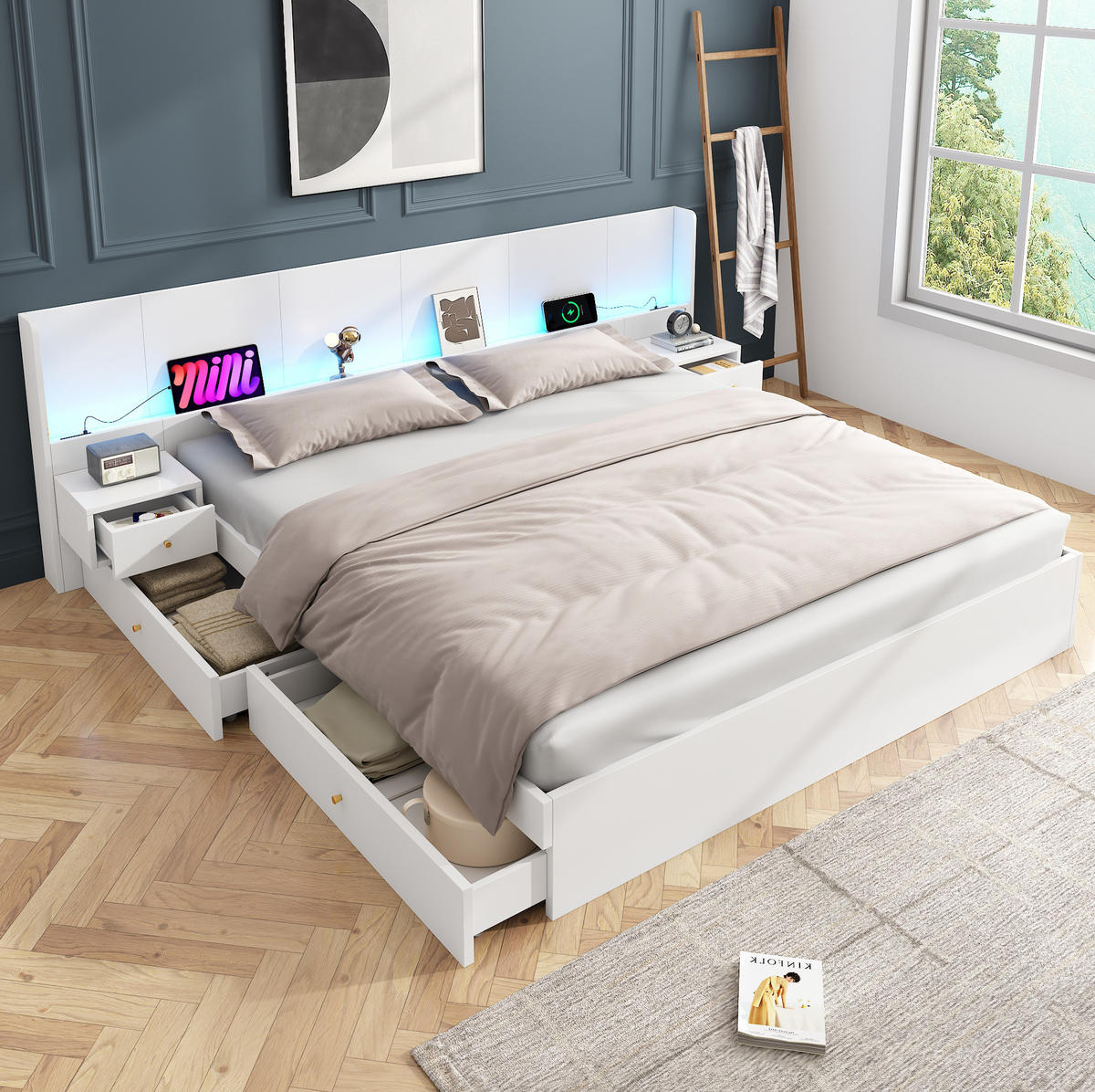KINDERBETT aus MDF 180x200 cm Weiß mit USB, Steckdose, LED-App-Steuerung und Stauraum - Weiß, Holzwerkstoff (180/200cm) - Modfu