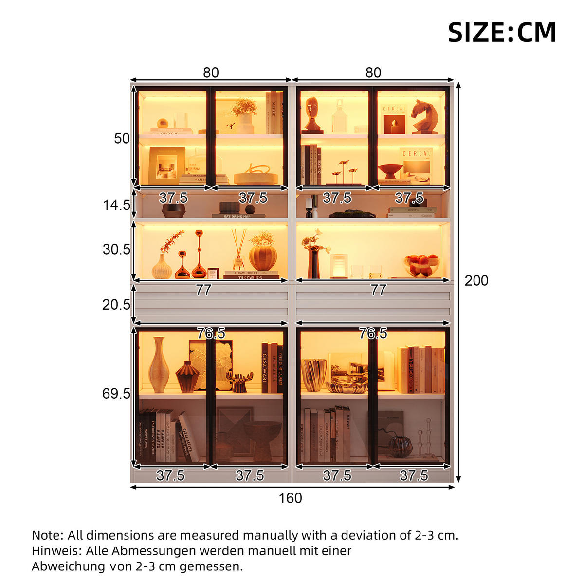 VITRINENSET 80x35x200 cm Weiß mit 8 Glastüren und LED - Weiß, Holzwerkstoff (160/200/35cm) - FLIEKS