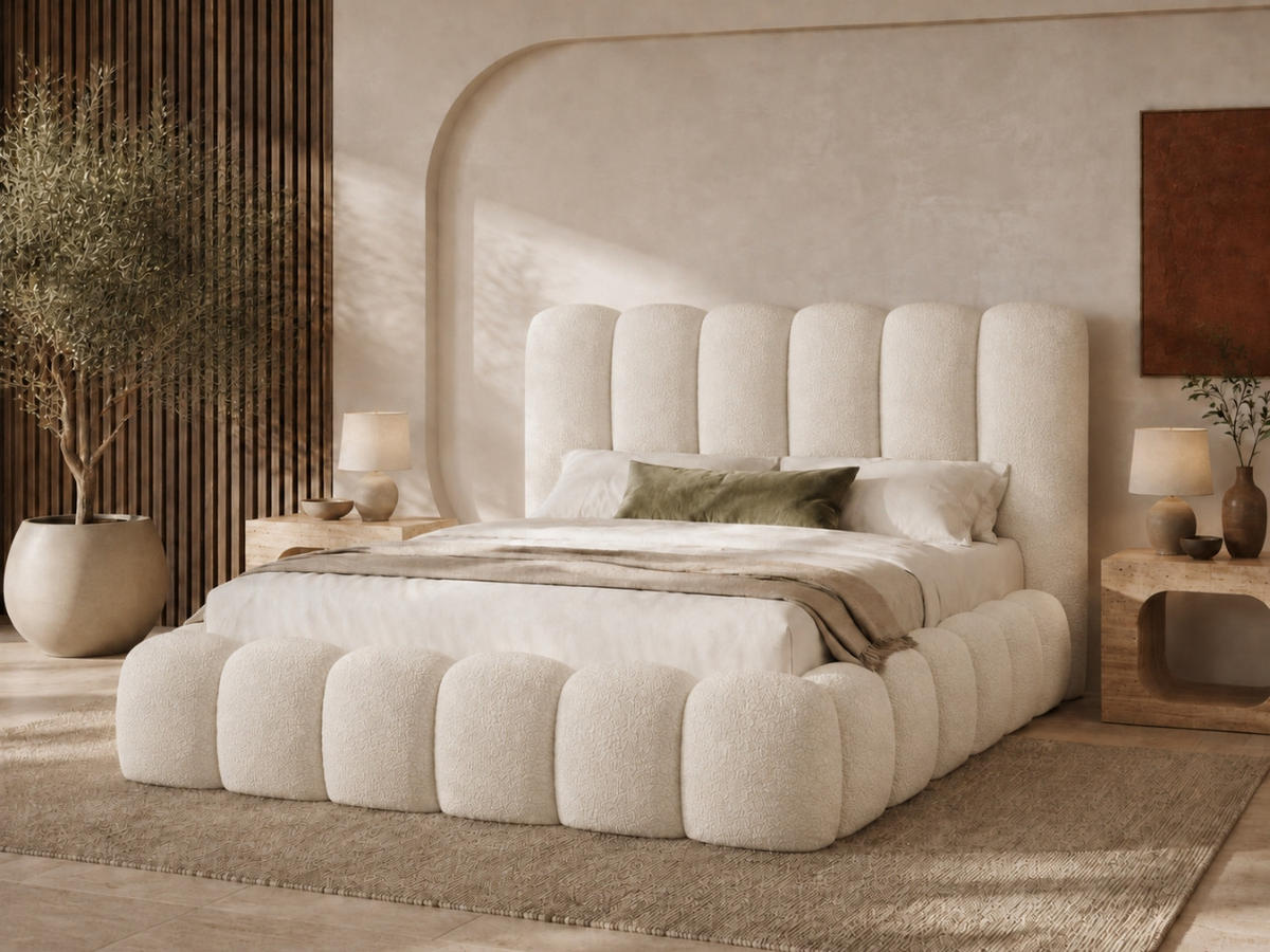 POLSTERBETT MELLOW 120x200 cm in Beige, gepolstertes Kopfteil, Lattenrost, Bettkasten, Bouclé-Stoff - Beige, Holz/Textil (120/200cm) - EMLAR Home