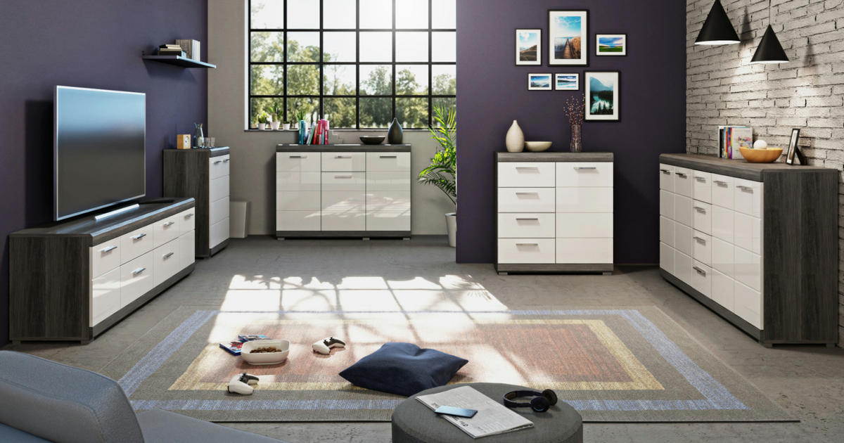 SIDEBOARD weiß Hochglanz und Rauchsilber grau 165 cm, Anrichte 4-türig, 4 Schubladen - Weiß Hochglanz/Silberfarben, Holzwerkstoff/Kunststoff (165/85/37cm) - Inn.Furn
