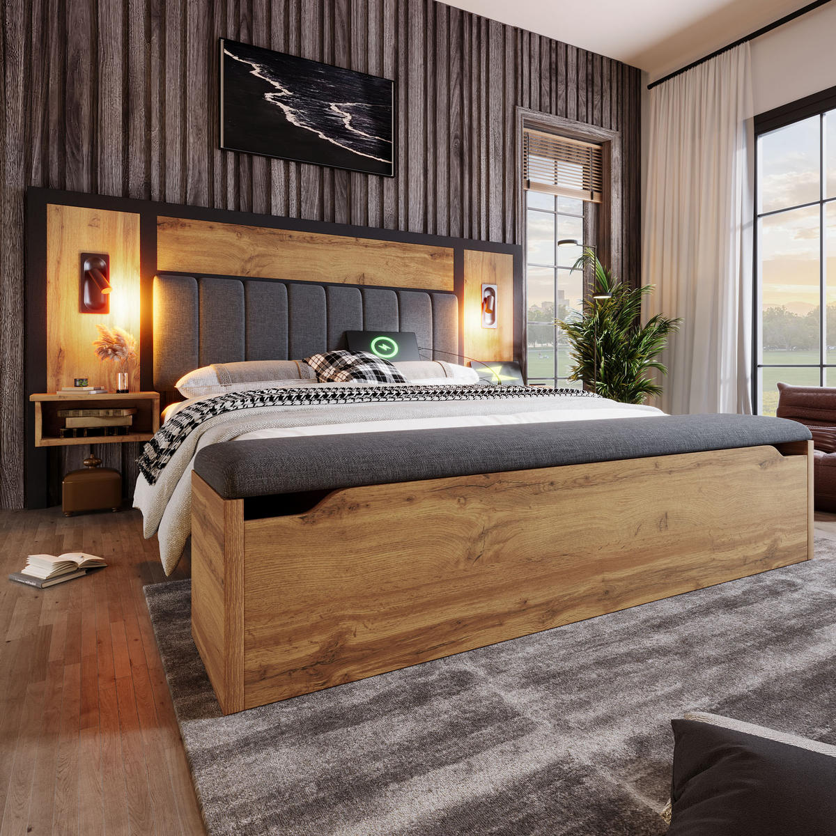 POLSTERBETT 180/200 cm mit Bettbank (Bettkasten), LED-Leselampen & USB/Type-C, Eiche - Eichefarben, Metall (180/200cm) - Redom