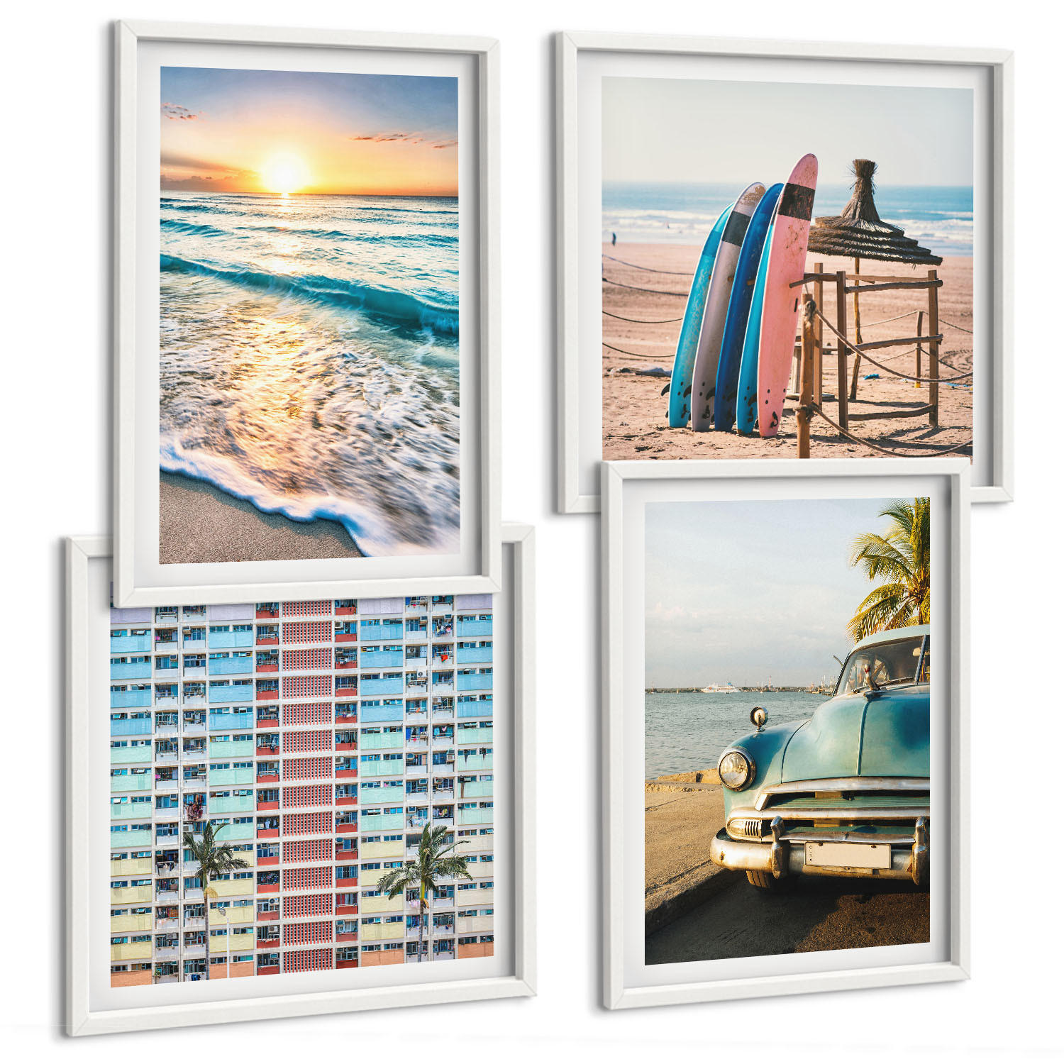 BILDER SET 4er Set - 50x50 cm & 40x60 cm Weißer Rahmen - Sonnenuntergang in Miami - Weiß, Kunststoff (50/50cm) - TULUP
