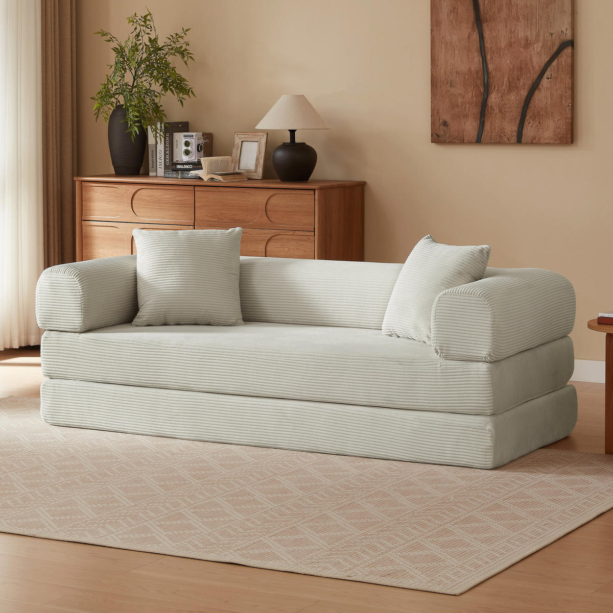 SCHLAFSOFA aus Cord in Beige 2-lagiges Design & zum Doppelbett ausklappbar - Beige, Textil (89/59/195cm) - Urban Meuble