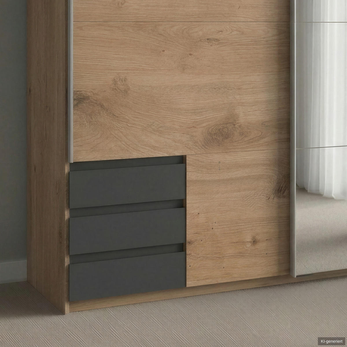 SCHWEBETÜRENSCHRANK 2-türig B179/H198/T65 cm, Kleiderschrank in Eiche Dekor mit Spiegel, 1x Tür & sichtbare Schubkästen in Grafit / 22706 - Eichefarben/Alufarben, Holz/Holzwerkstoff (179/198/65cm) - luma-home