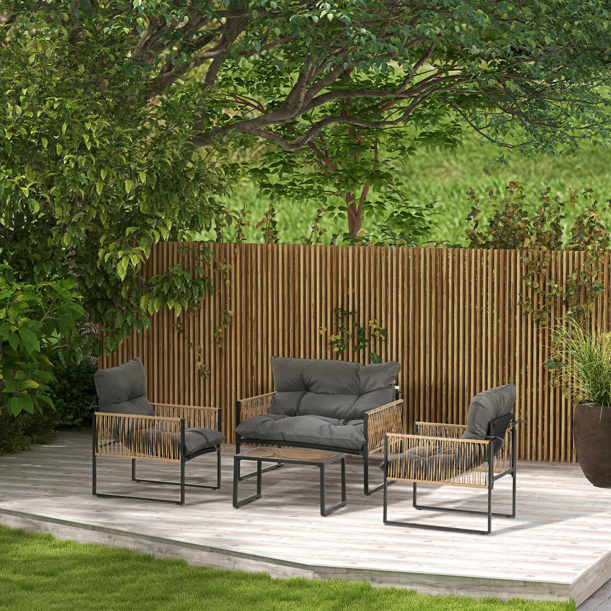 GARTENGARNITUR 4 tlg.Gartenset,Loungegarnitur,Ratten,Grau - Grau, Metall - LVHOM