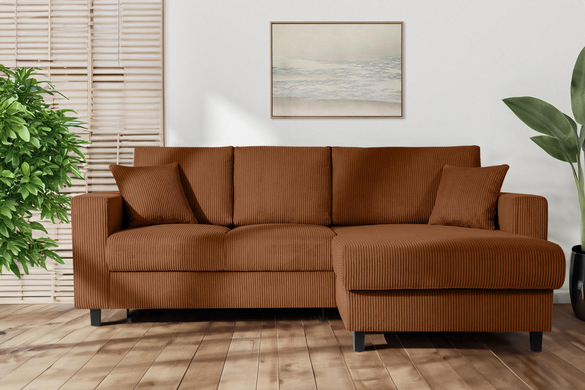 ECKSCHLAFSOFA EGRET Rechts mit Bettkasten, Cord-Stoff, orange - Orange, Textil (234/90cm) - KONSIMO®