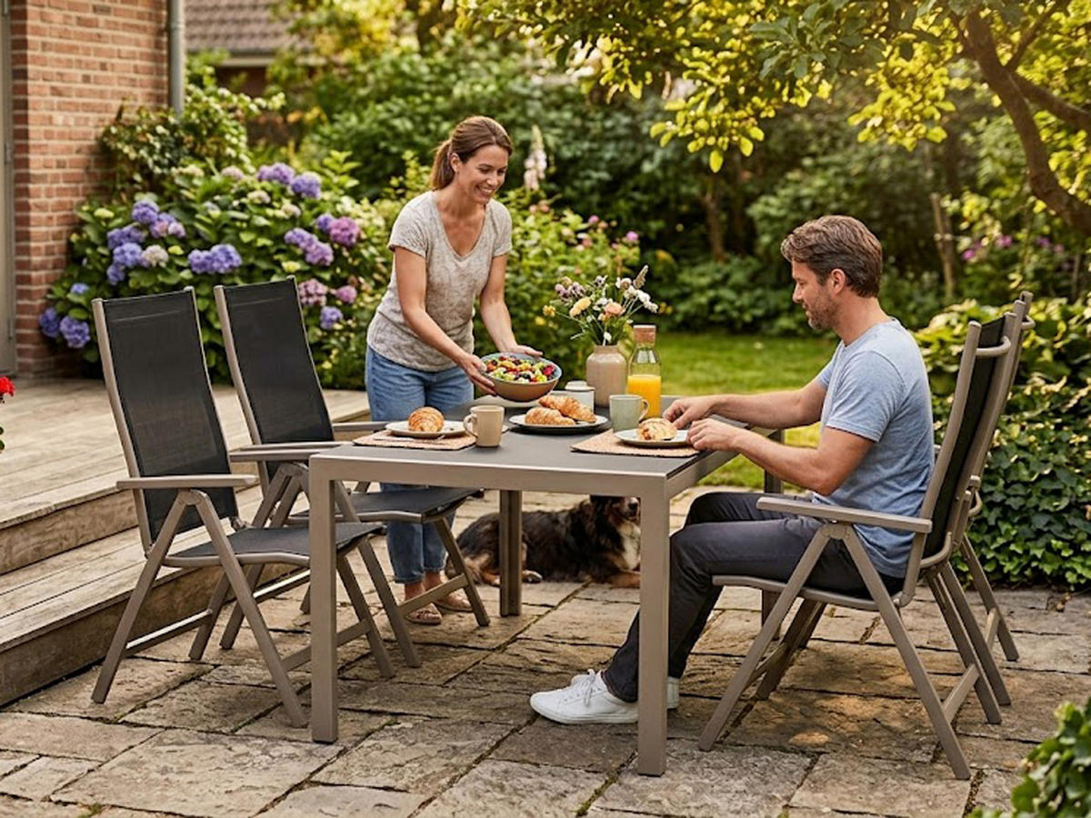 GARTEN-GARNITUR Sunderland - 5-teilige Garten-Essgruppe (4x Stapelsessel mit Aluminiumgestell, Bespannung Textillehne schwarz, Ausziehtisch - Schwarz, Metall - TPFGarden