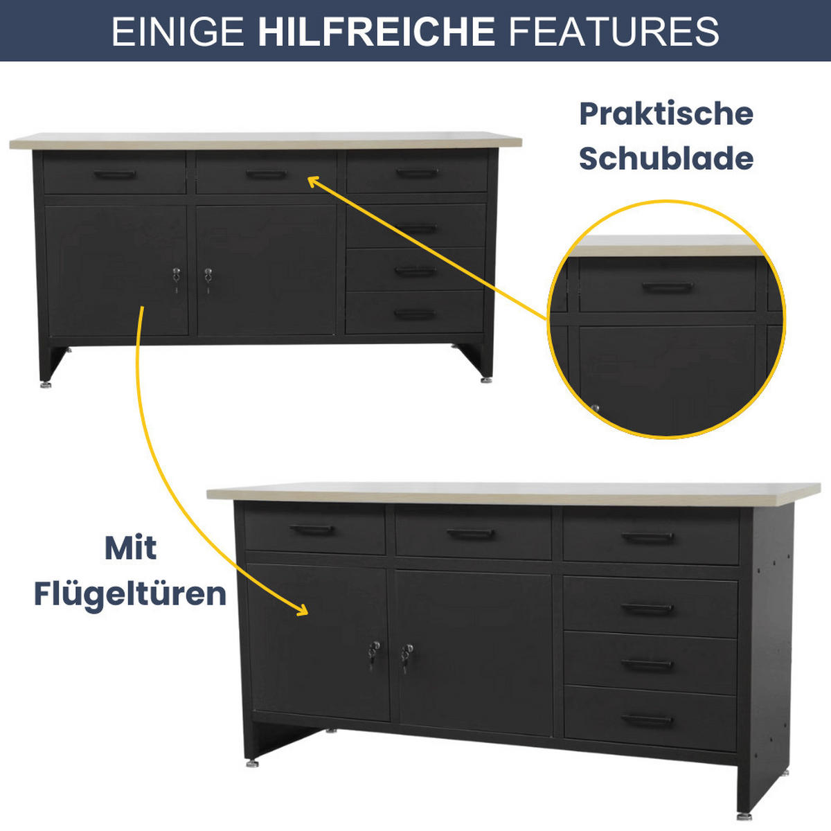 WERKBANK Werkstatt KARL 2x Tür 85x170x60cm Schwarz - Schwarz, Metall (170/85/60cm) - DELUKE