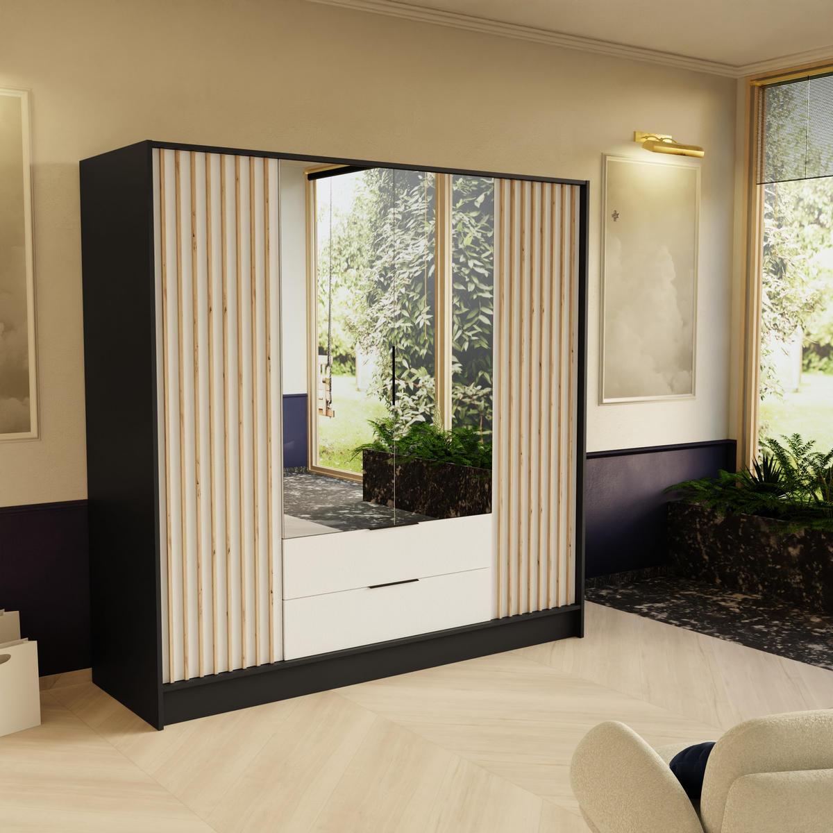 DREHTÜRENSCHRANK PELOR 200/200/51 cm Modern Kleiderschrank 4-türig mit Spiegel Schwarz - Schwarz/Weiß, Holzwerkstoff (200/200/51cm) - MASSENO