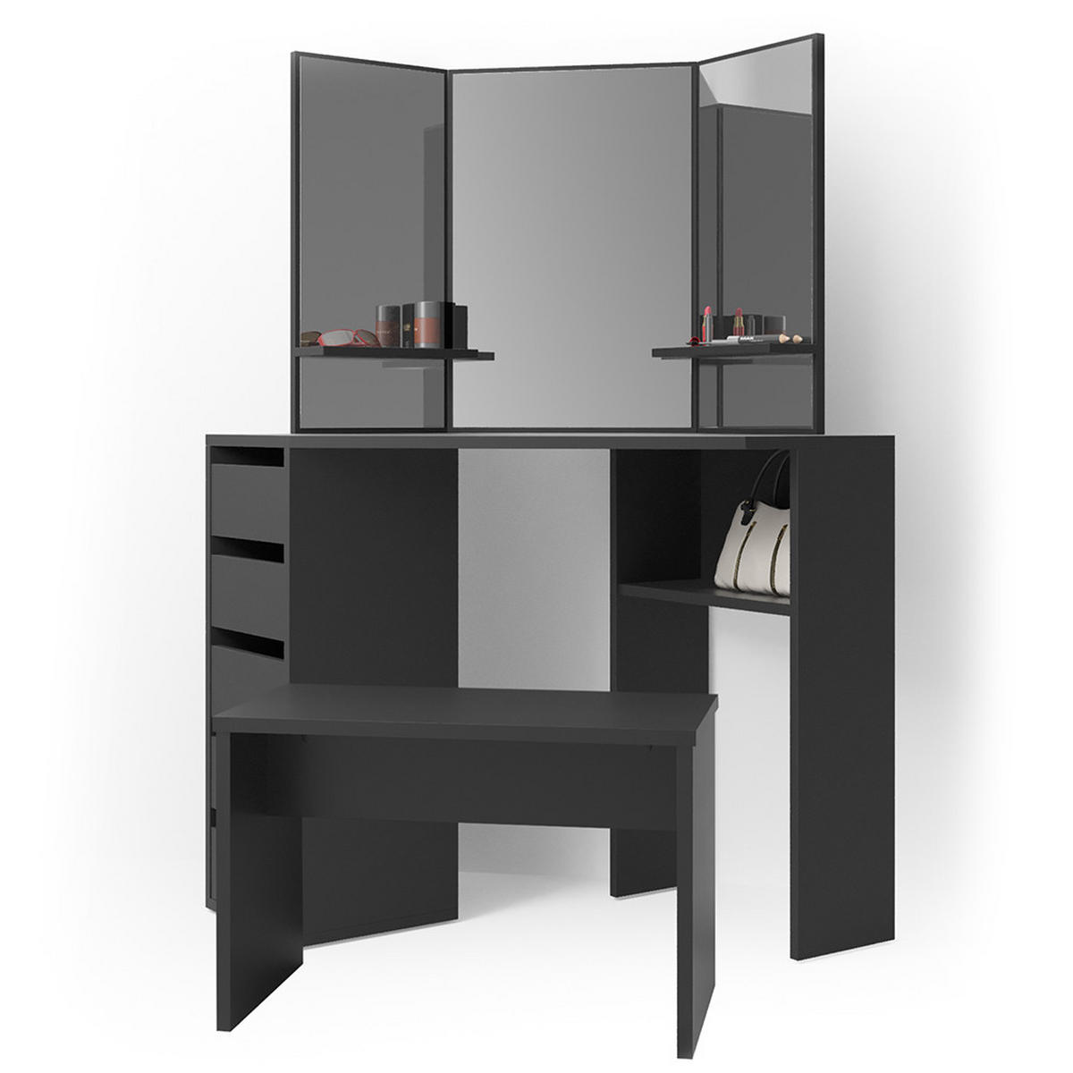 ECKSCHMINKTISCH Arielle Schwarz 110 cm mit Bank - Schwarz, Holzwerkstoff (110/141.5/54cm) - Vicco