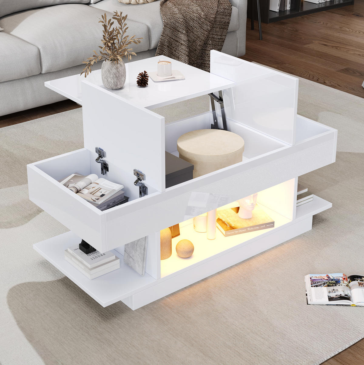 COUCHTISCH 98/45/40 cm mit LED-Beleuchtung, höhenverstellbar und Stauraum - Weiß, Holzwerkstoff (98/45/40cm) - Flora Grace