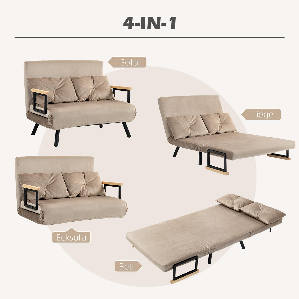 SCHLAFSOFA, Klappbett mit Bettfunktion, Verstellbarer Rückenlehne für Wohnzimmer - Hellbraun/Schwarz, Holz/Textil (73/81/102cm) - HOMCOM