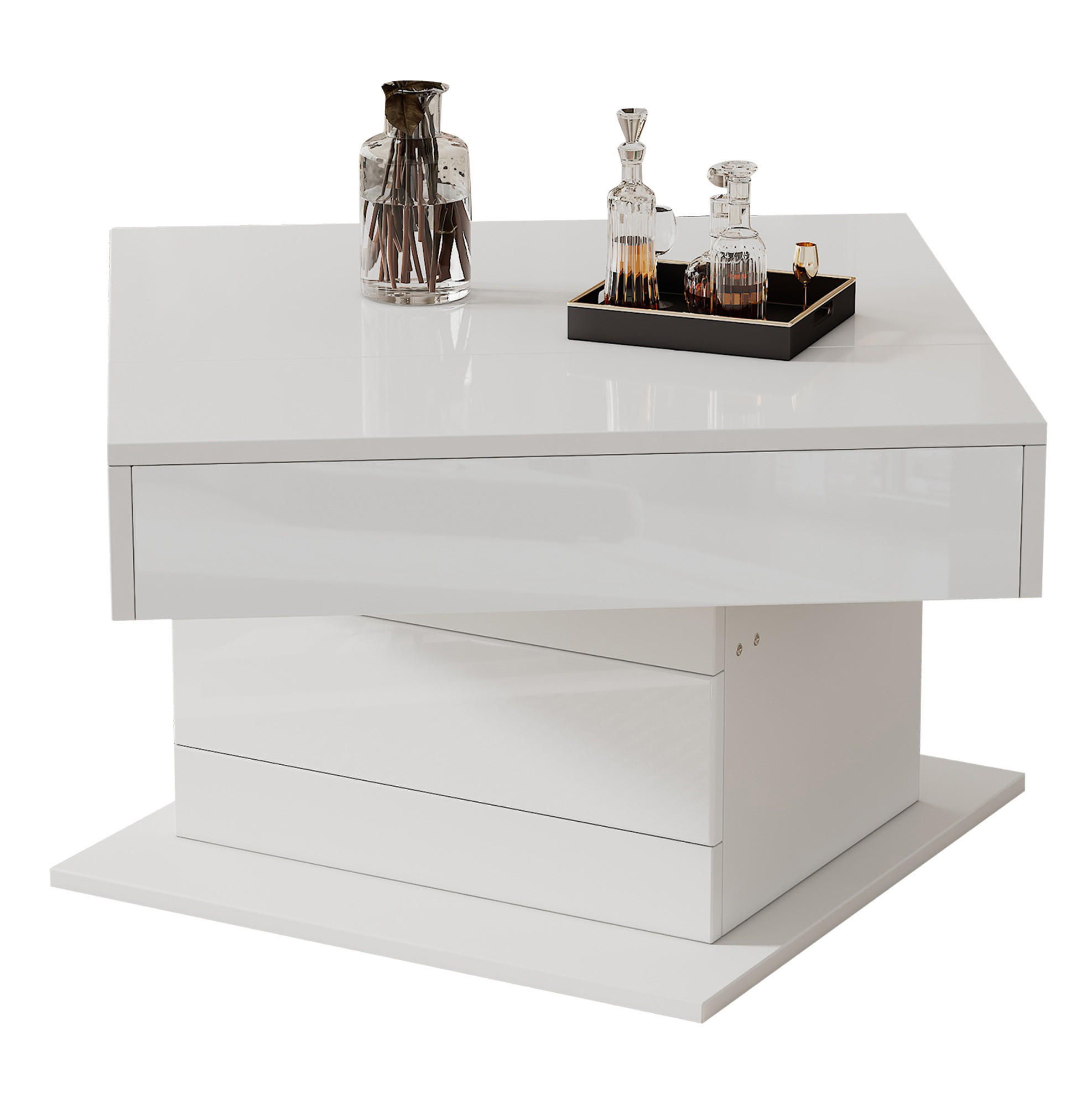 Modfu KONFERENČNÍ stolek z dřevotřísky 70x70x45 cm bílý s otočnou a výklopnou deskou, zásuvkou a skrytým úložným prostorem