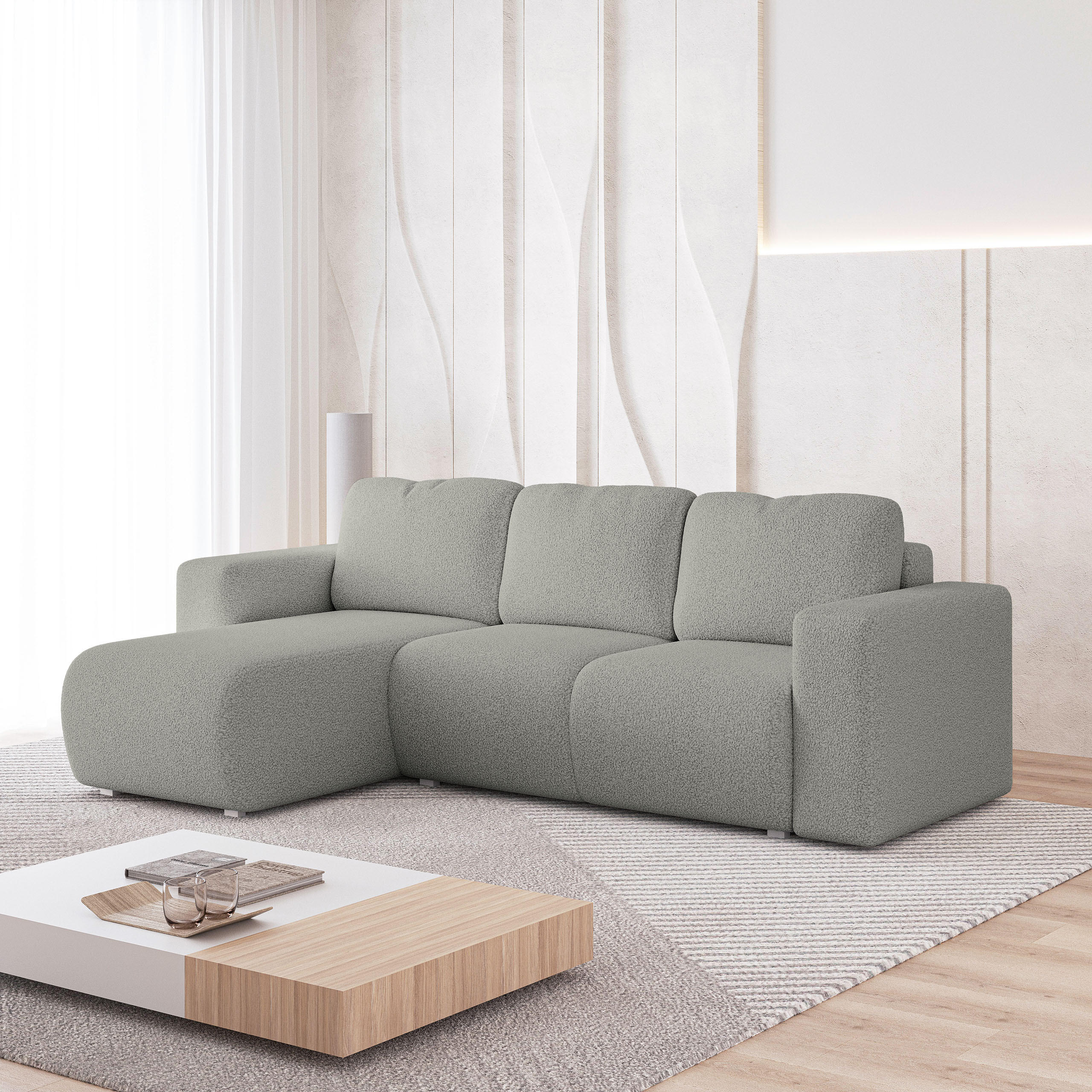 ECKSOFA RINOVA Hellgrau Boucle-Stoff mit Schlaffunktion - Hellgrau, Holz (250/143cm) - MASSENO