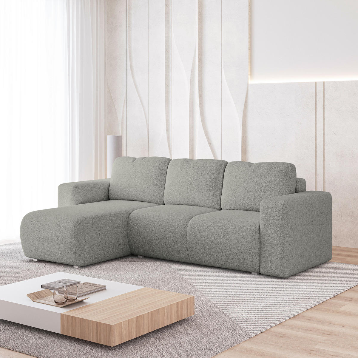 ECKSOFA RINOVA Hellgrau Boucle-Stoff mit Schlaffunktion - Hellgrau, Holz (250/143cm) - MASSENO