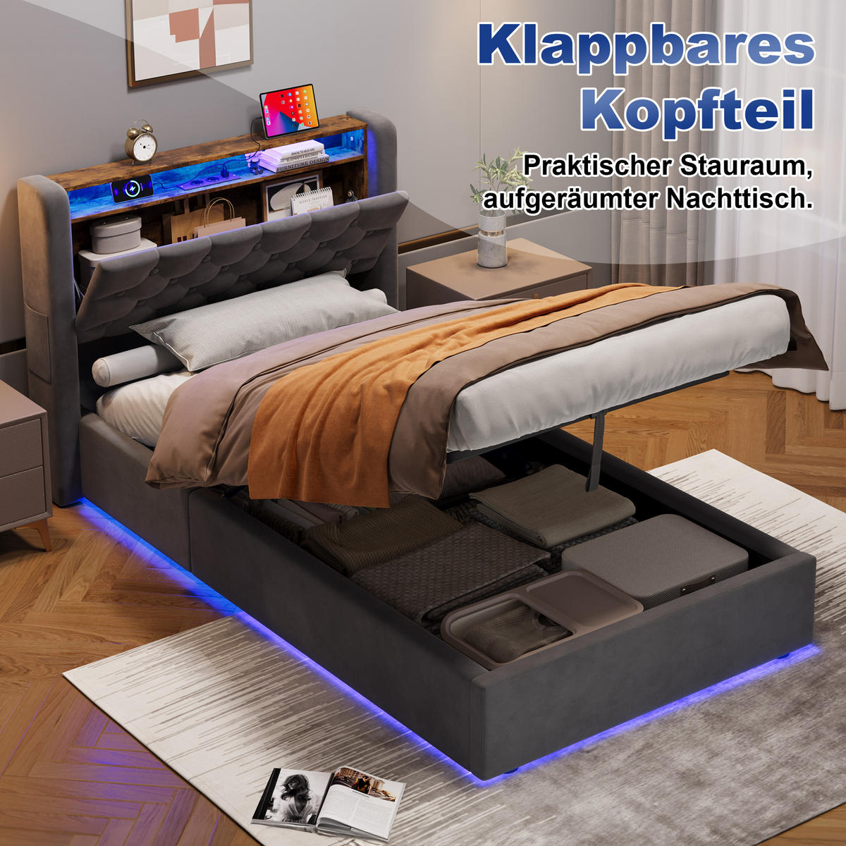 POLSTERBETT 90/200 cm mit hydraulischem Bettkasten, Schubladen, Klappbares Kopfteil, LED-Beleuchtung, Grau - Grau, Textil (90/200cm) - Redom