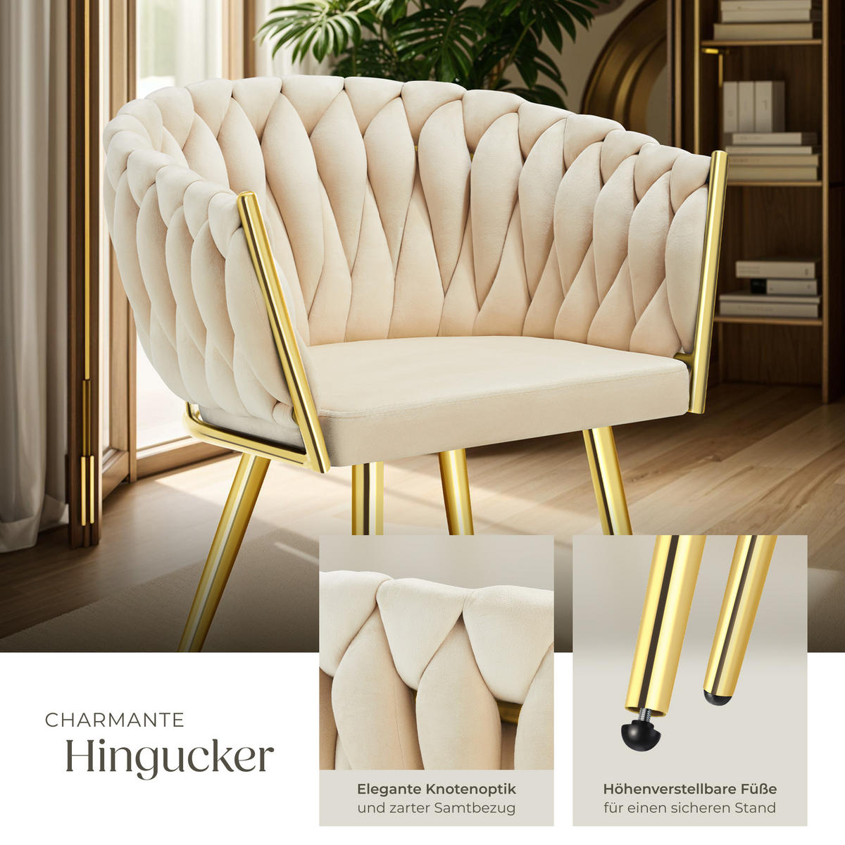 ESSZIMMERSTUHL 4er Set Astano,60,5 x 55 x 75 cm,sandfarben/gold - Sandfarben/Goldfarben, Textil (60.5/75/55cm) - tectake