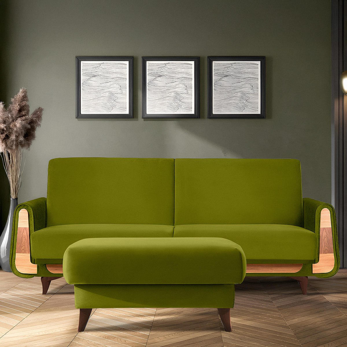 HOCKER GUSTAVO Velours, Olivgrün - Olivgrün, Holz/Holzwerkstoff (92/49/92cm) - KONSIMO®