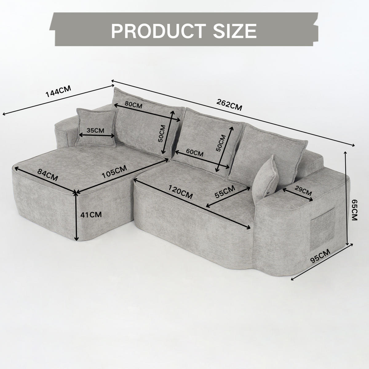 ECKSOFA 262 cm aus Chenille mit modularem Boneless-Design Grau - Grau, Textil (144/262cm) - Modenvie