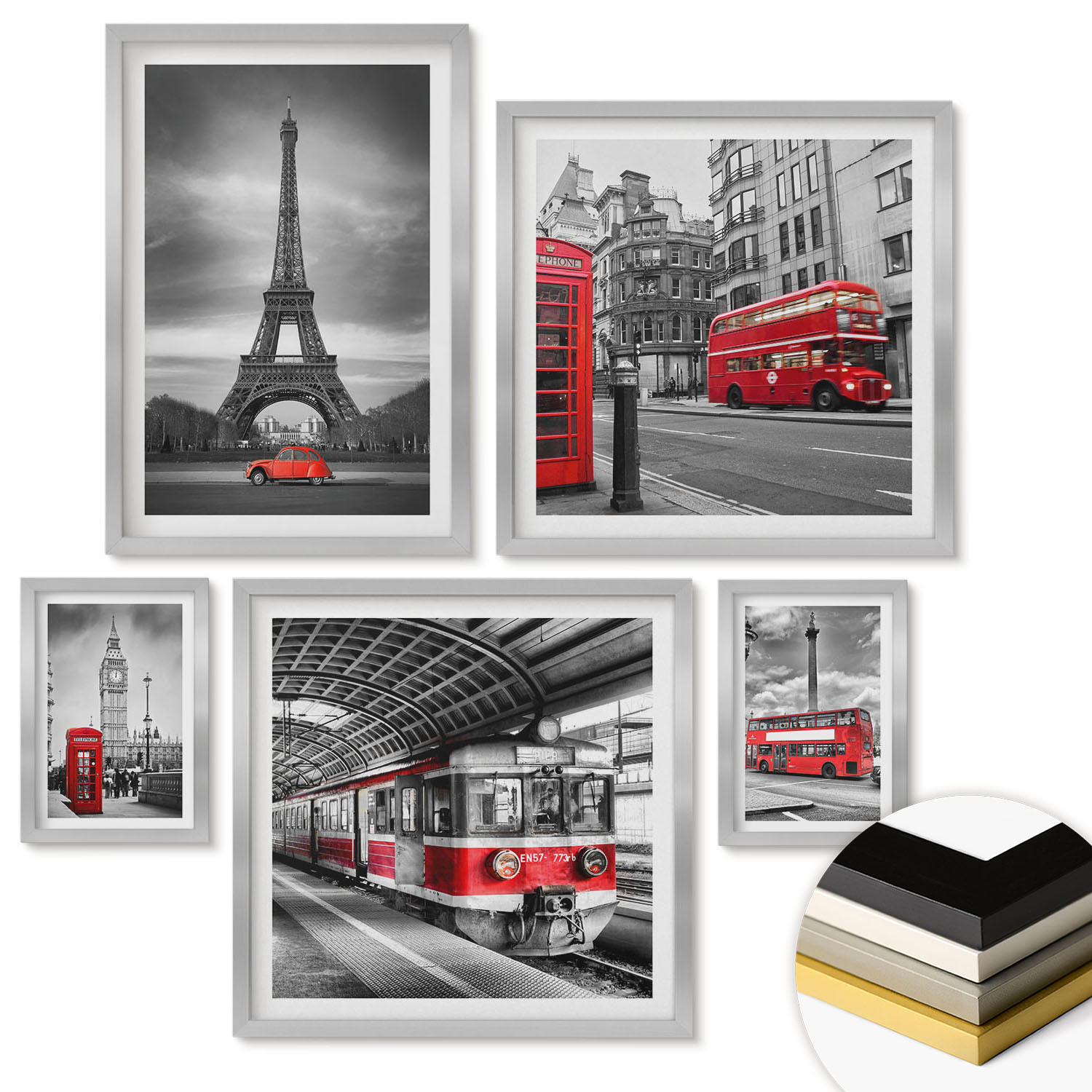 WANDBILDER 5er Set - 50x50 cm & 20x30 cm & 40x60 cm Silberner Rahmen - Rote Busse in der Stadt - Silberfarben, Kunststoff (40/60cm) - ArtPrintCave