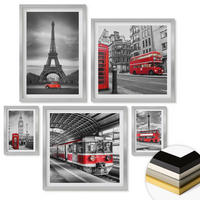 WANDBILDER 5er Set - 50x50 cm & 20x30 cm & 40x60 cm Silberner Rahmen - Rote Busse in der Stadt - Silberfarben, Kunststoff (40/60cm) - ArtPrintCave