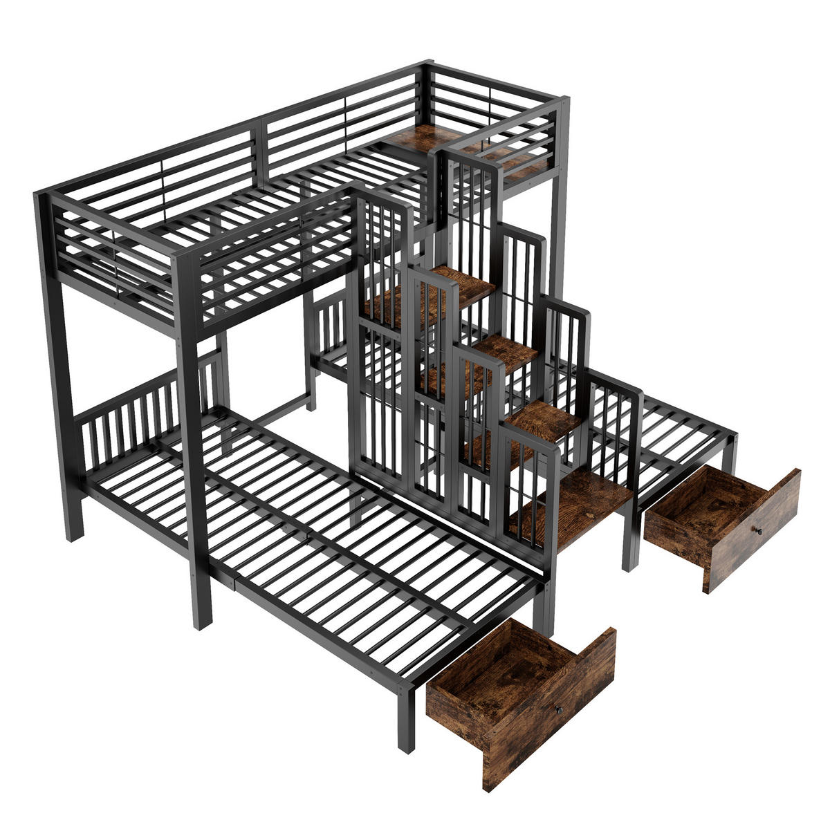 ETAGENBETT aus Metall und Holz 90x200 cm Schwarz mit Treppe, Sicherheitsgeländern und 2 Schubladen - Schwarz, Metall (90/200cm) - Modfu