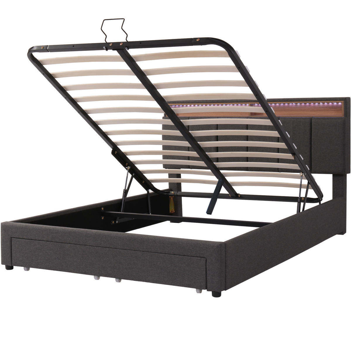 POLSTERBETT 140/200 cm mit LED-Beleuchtung, Lattenrost und Stauraum, Leinenoptik, Grau - Grau, Textil (140/200cm) - Redom