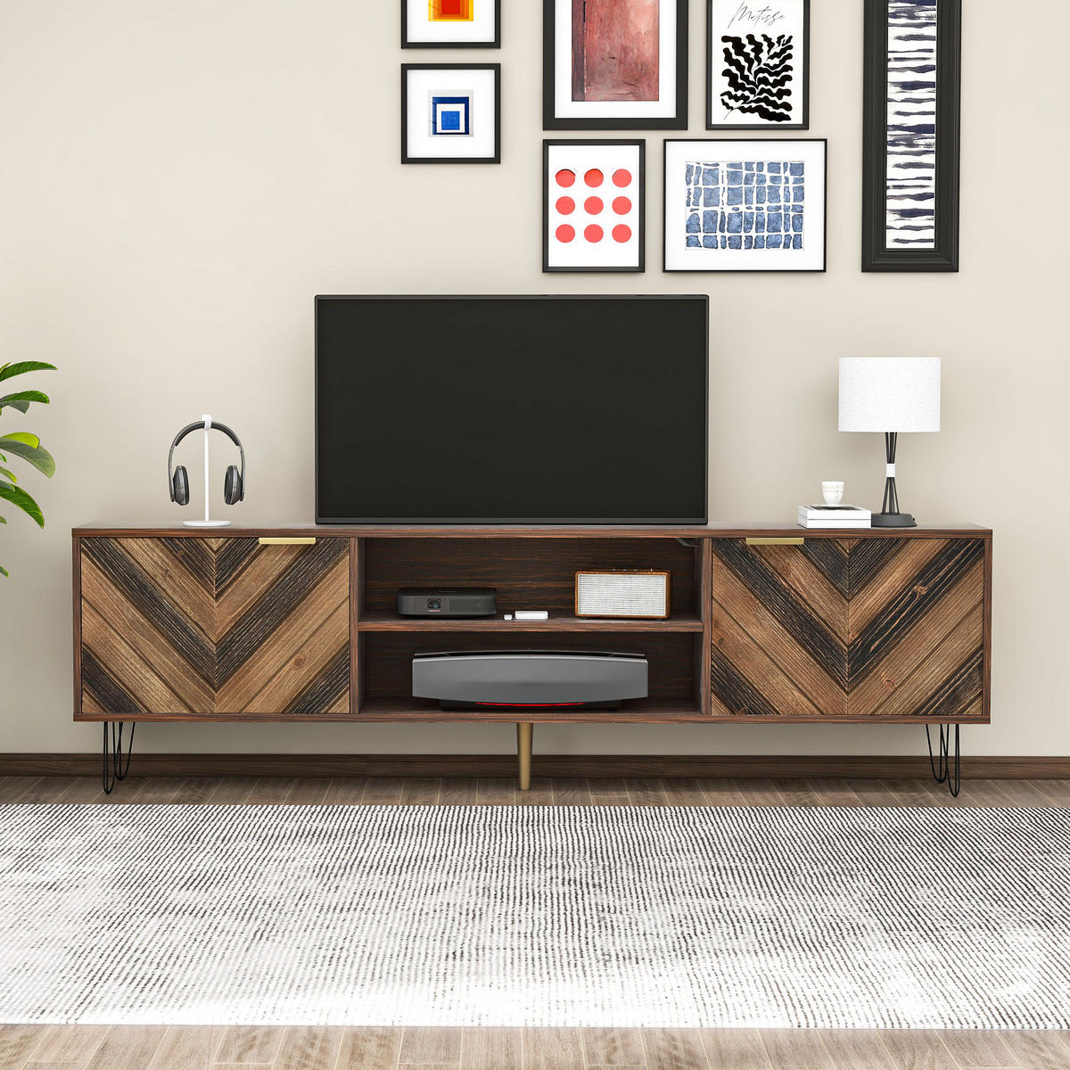 TV-LOWBOARD mit 2 Türen 155 cm Holzfarbe mit Eisenfüßen - Braun, Holzwerkstoff (38/48/155cm) - Beauniv