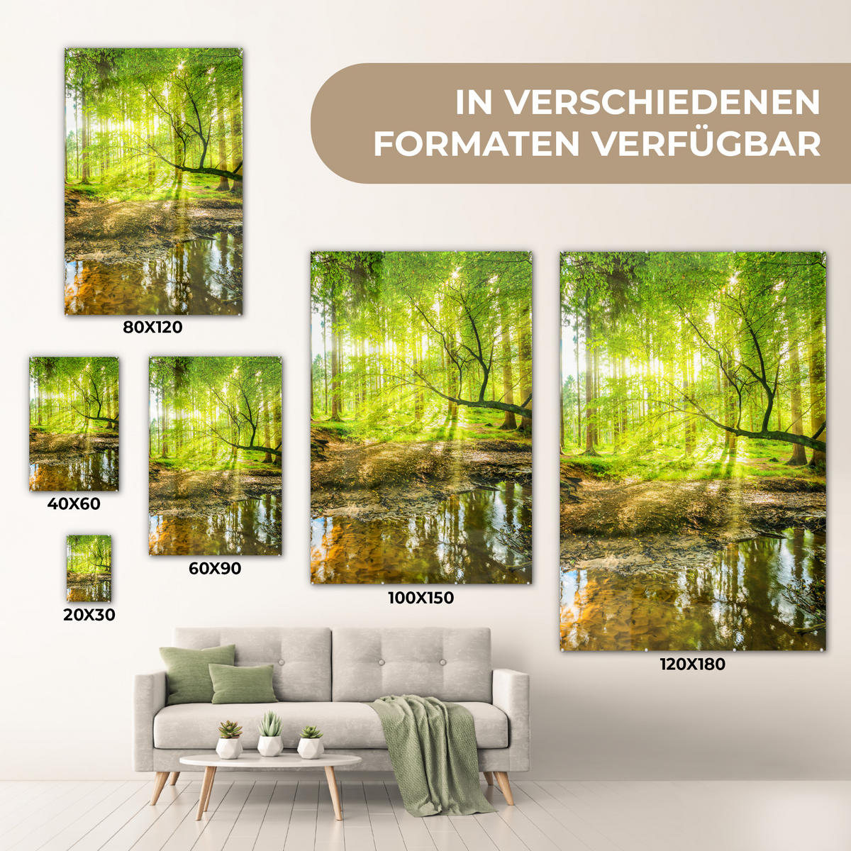 ACRYLGLASBILD Wald - Landschaft - Wasser - Bäume - Sonne - Grün - Natur 60x90 cm - Grün, Glas (60/90cm) - MuchoWow