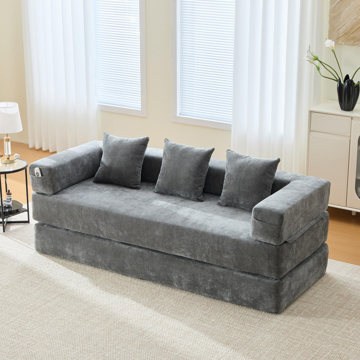 SCHLAFSOFA 2-Sitzer Chenille Dunkelgrau modular mit Seitentaschen und rutschfester Unterseite - Dunkelgrau, Textil (79/60/198cm) - Luhomfu
