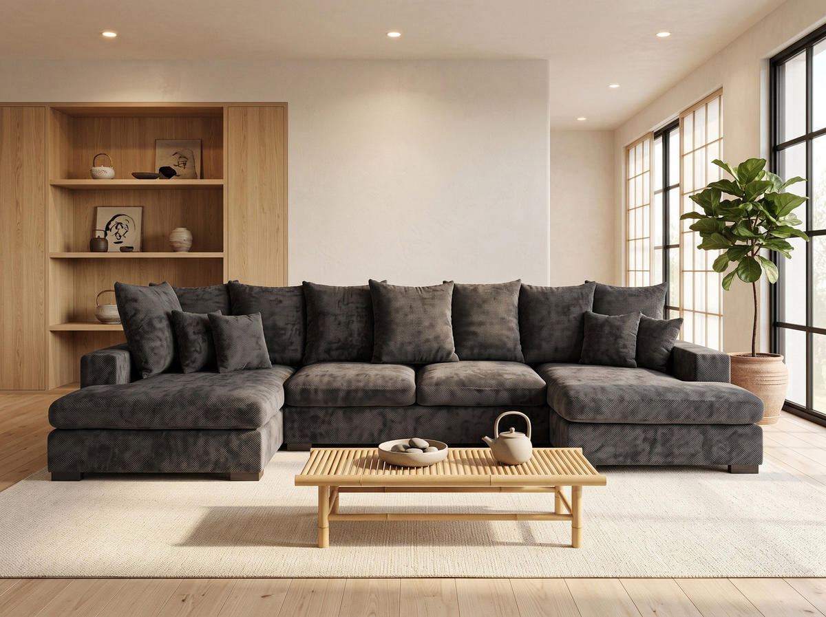 WOHNLANDSCHAFT Dahlia mit Schlaffunktion und Bettkasten in U-Form - Anthrazit Chenille 373/92/155 cm - Anthrazit/Schwarz, Kunststoff/Textil (373/92/155cm) - WFL GROUP