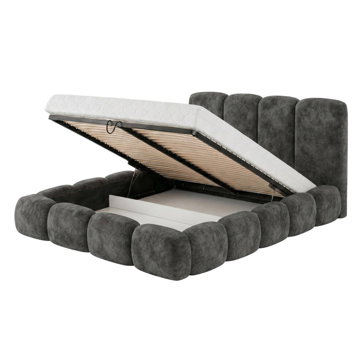 POLSTERBETT SUENO MAXI 180x200 cm in Graphitgrau, gepolstertes Kopfteil, Metalllattenrost, Bettkasten, Velour-Stoff - Graphitfarben/Naturfarben, Holz/Textil (180/200cm) - Muffo
