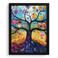 GERAHMTES BILD Kunst - Baum des Lebens - Blumen - Hippie 30x40 cm - Dunkelblau, Papier (30/40cm) - MuchoWow