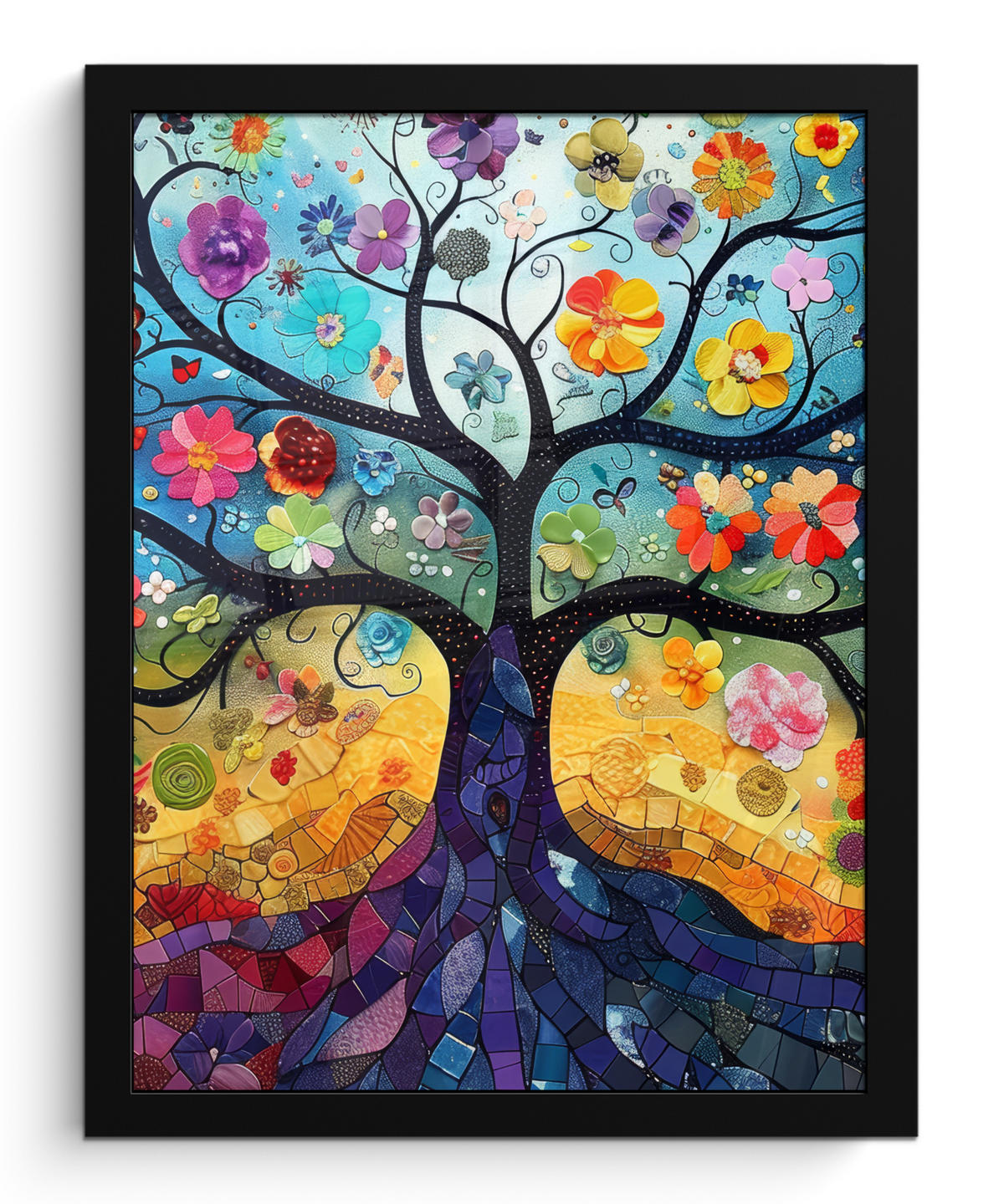 GERAHMTES BILD Kunst - Baum des Lebens - Blumen - Hippie 30x40 cm - Dunkelblau, Papier (30/40cm) - MuchoWow