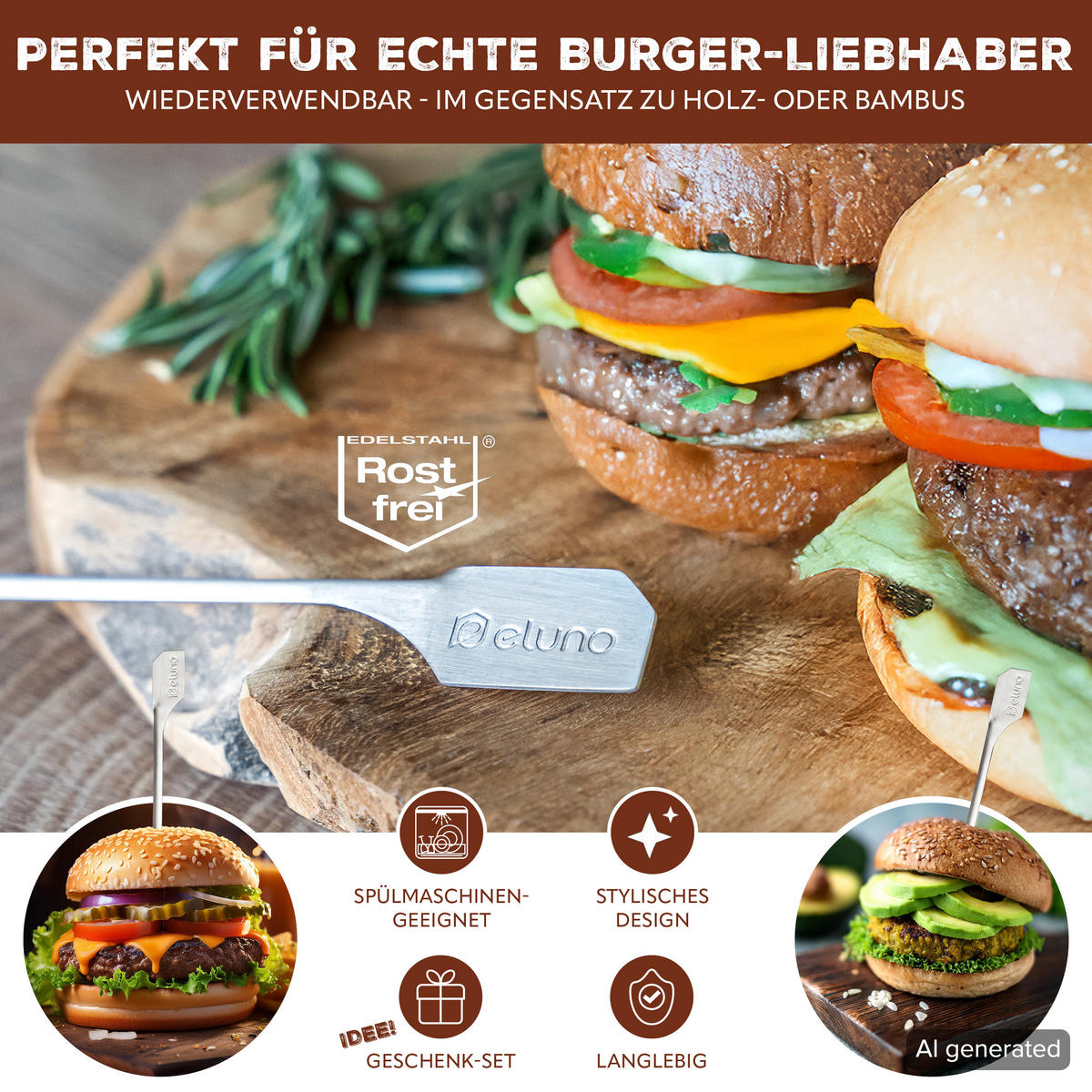 BURGERSPIESSE 4tlg. - Edelstahlfarben, Metall (0.6/0.3/19cm) - eluno