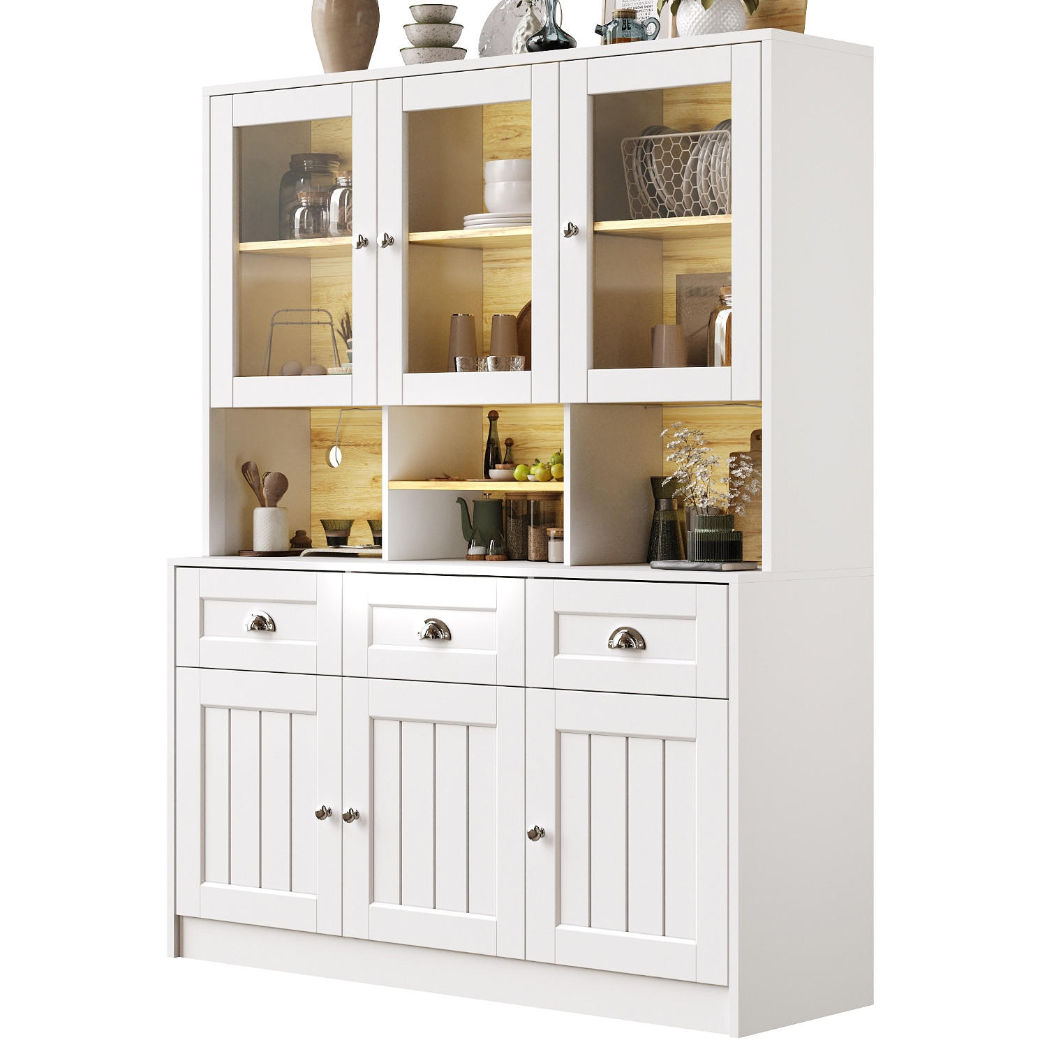 KÜCHENSCHRANK Küchenbuffet Weiß Schwarz, 140/175/40 cm, MDF, MIT LED-BELEUCHTUNG, für Esszimmer und Küche - Weiß, Holzwerkstoff (40/175/140cm) - Rolipo